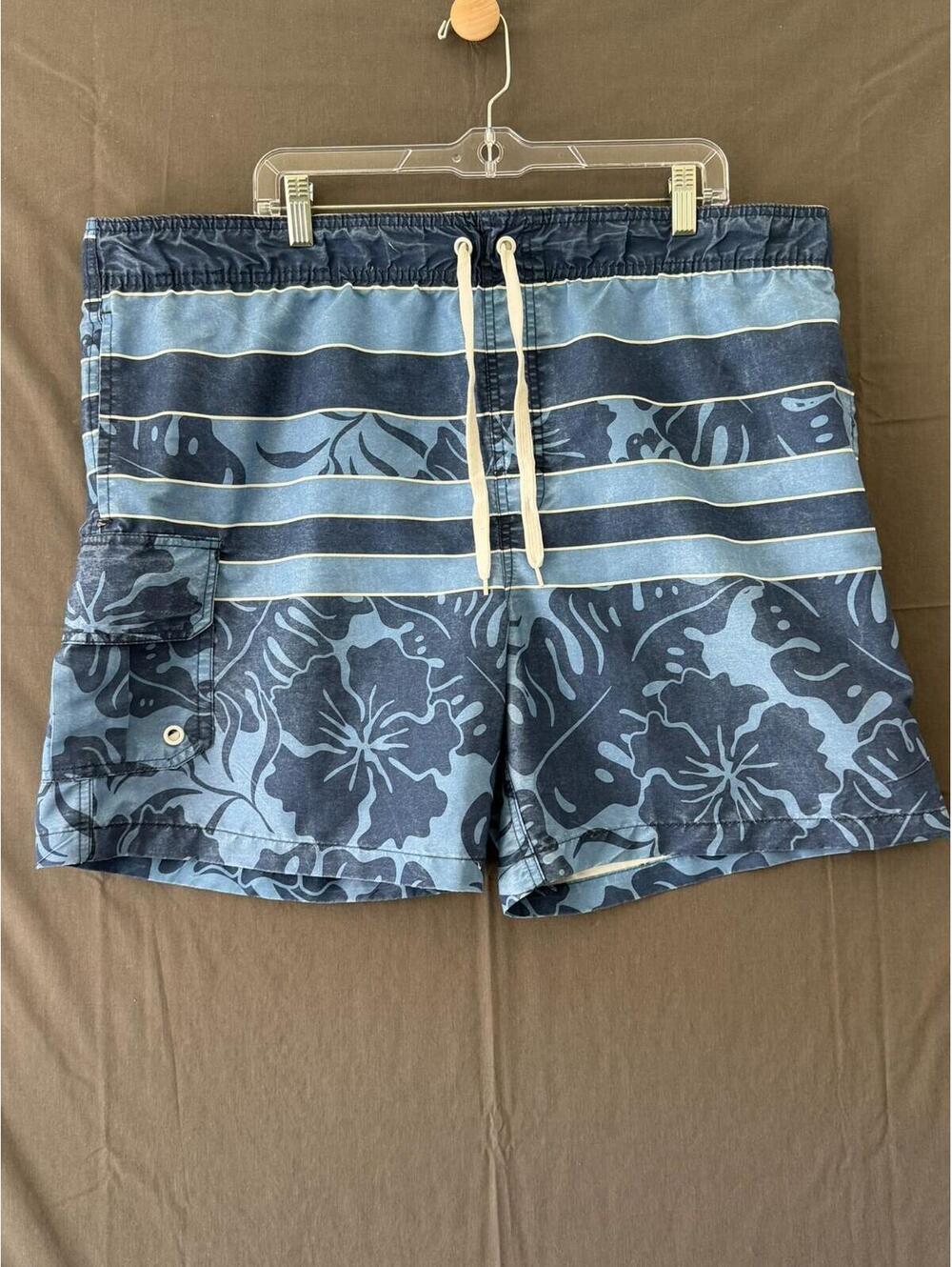 Islander Men’s Swim Trunks Size L Blue Floral Stripe Board Shorts Drawstring
